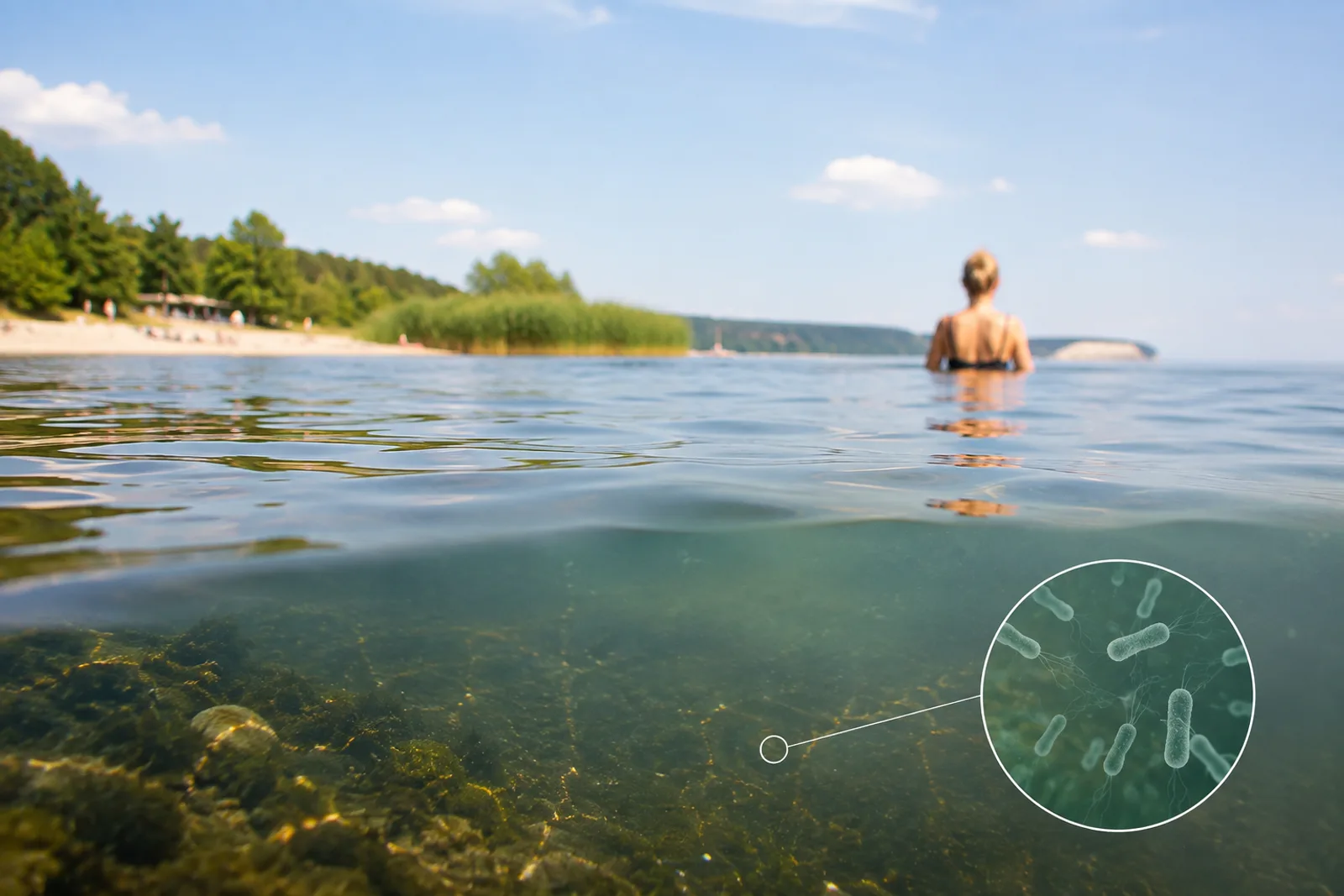 Person badet in einem Gewässer mit grafischer Einblendung von stäbchenförmigen Bakterien unter der Wasseroberfläche