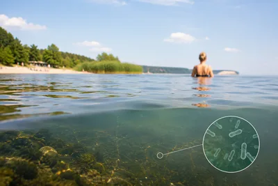 Person badet in einem Gewässer mit grafischer Einblendung von stäbchenförmigen Bakterien unter der Wasseroberfläche