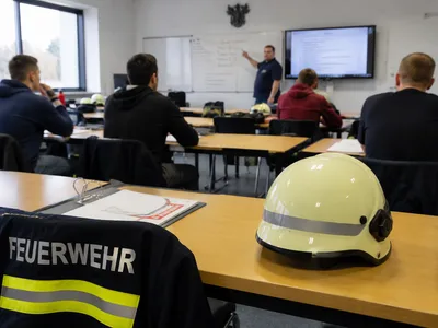 Langen: Feuerwehrleute in einem Lehrsaal bei der theoretischen Ausbildung, im Vordergrund eine Einsatzjacke und ein gelber Feuerwehrhelm
