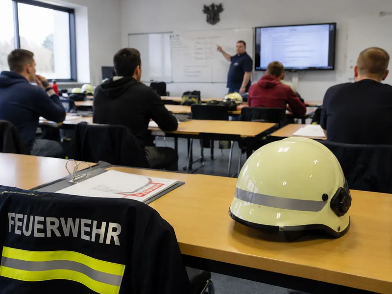 Langen: Feuerwehrleute in einem Lehrsaal bei der theoretischen Ausbildung, im Vordergrund eine Einsatzjacke und ein gelber Feuerwehrhelm