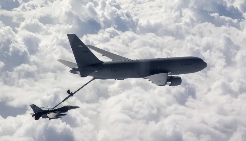A US Air Force KC-46A Pegasus refuels an F-16 Fighting Falcon during a test mission over Florida in December 2019.