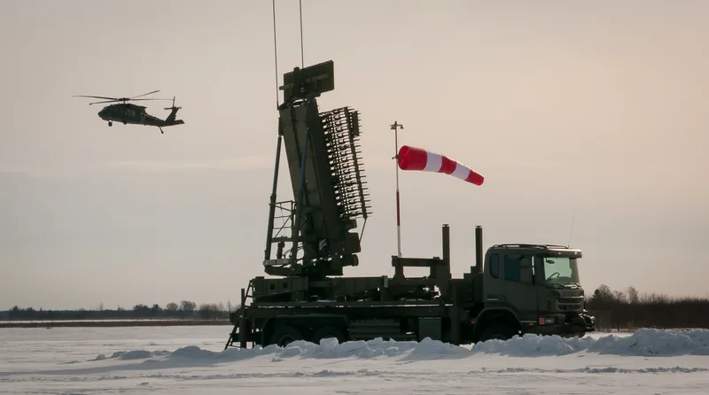A UH-60 Black Hawk flies nearby a TPS-77 Multi-Role Radar during validation work in Ventspils, Latvia, in March 2018.