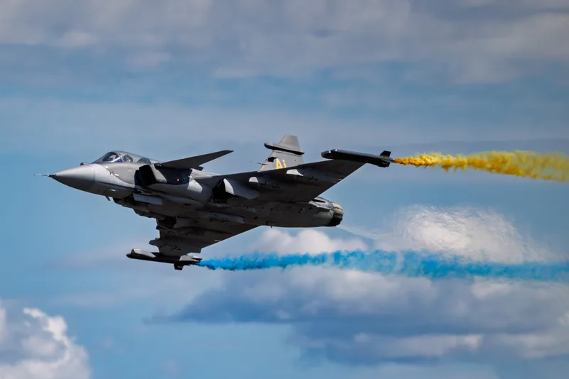 A Saab Gripen E conducting a flight display in August 2026 at the Jubilee Air Show at Malmen Air Base in Linköping, where the Swedish Air Force was celebrating its 100th anniversary. The nascent Gripen E programme means that Sweden still has some time to determine what its next-generation combat air plans will look like.