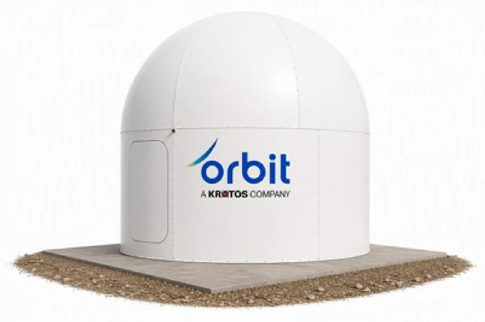 Computergenerierte Darstellung der Satelliten-Bodenstation GAIA100 von Orbit und Kratos mit weißem Radom zur Antennenabdeckung