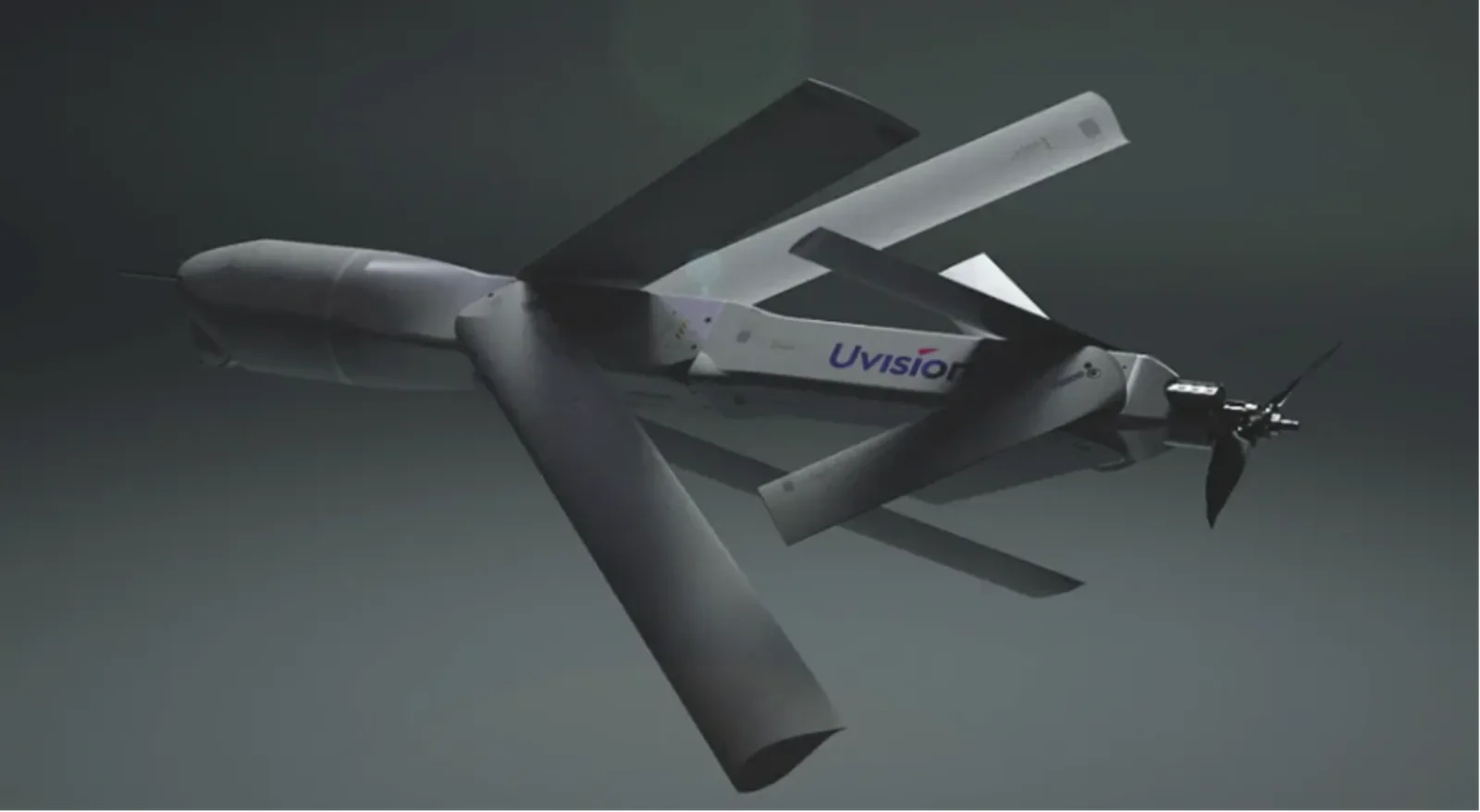 Loitering-Munition Hero 120 von UVision mit ausgeklappten kreuzförmigen Tragflächen und Heckpropeller im Flug