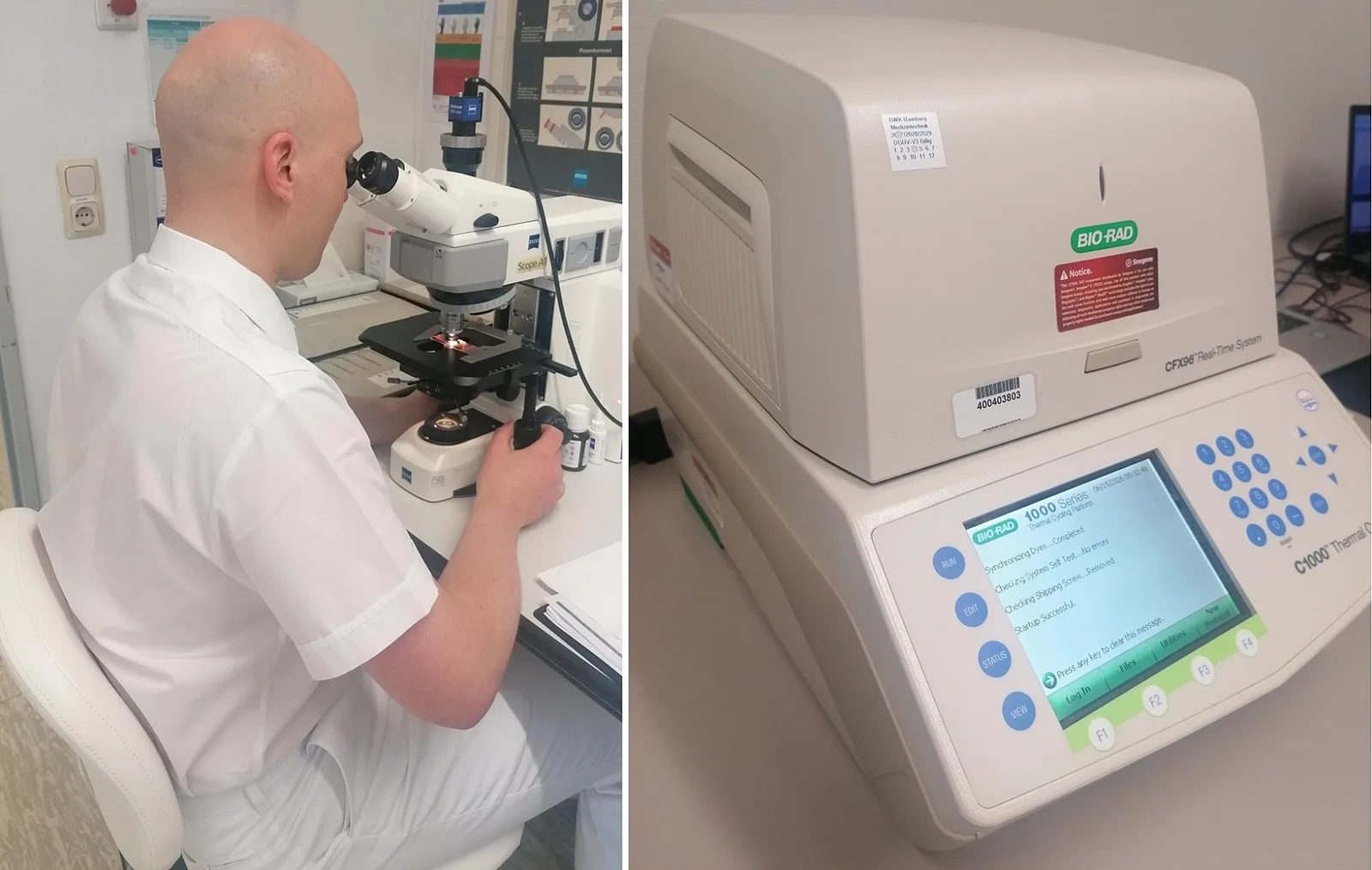Fig. 1: Development of Malaria Diagnostics: From Classical Microscopy (left) to Molecular Diagnostics Using Real-time PCR (right) (Image Rights: H. Frickmann)