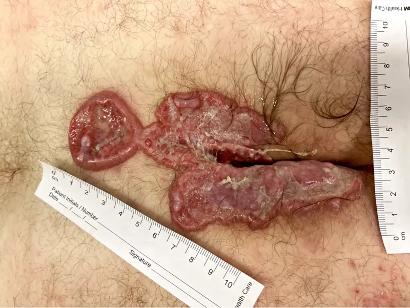 Fig. 5: Cutaneous Leishmaniasis (Initial Findings): An approximately 20 × 10 cm and up to 3 cm deep ulcer in the sacral area with a nodular border and fibrin-coated wound base (Image rights: Department of Dermatology, BwKrhs Hamburg)