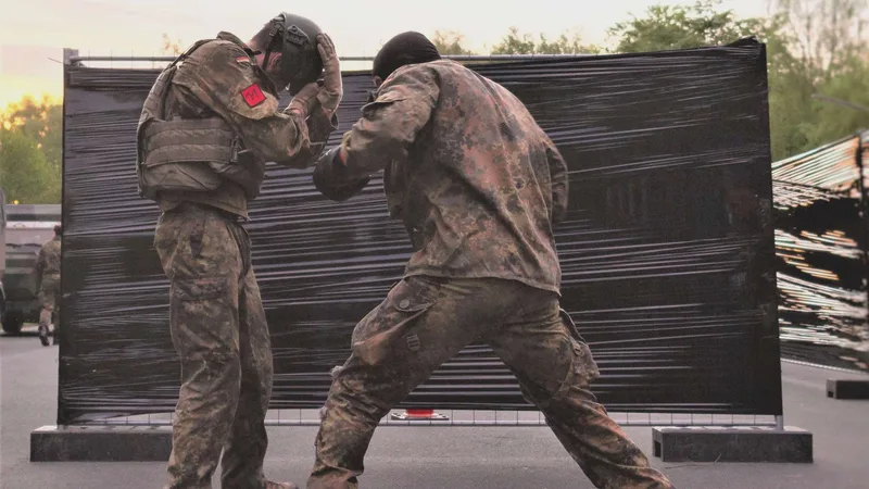 Zwei Bundeswehrsoldaten in Flecktarn-Kampfbekleidung bei einer Nahkampfübung vor einem mit schwarzer Folie bespannten Bauzaun