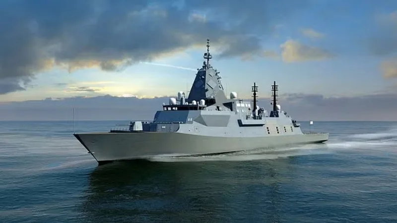 Konzeptgrafik einer Fregatte der Hunter-Klasse der Royal Australian Navy auf offener See mit integriertem Mast