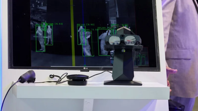 Indra-Präsentationssystem mit Augmented-Reality-Datenbrille und LG-Monitor zur Darstellung einer Wärmebild-Personenerkennung