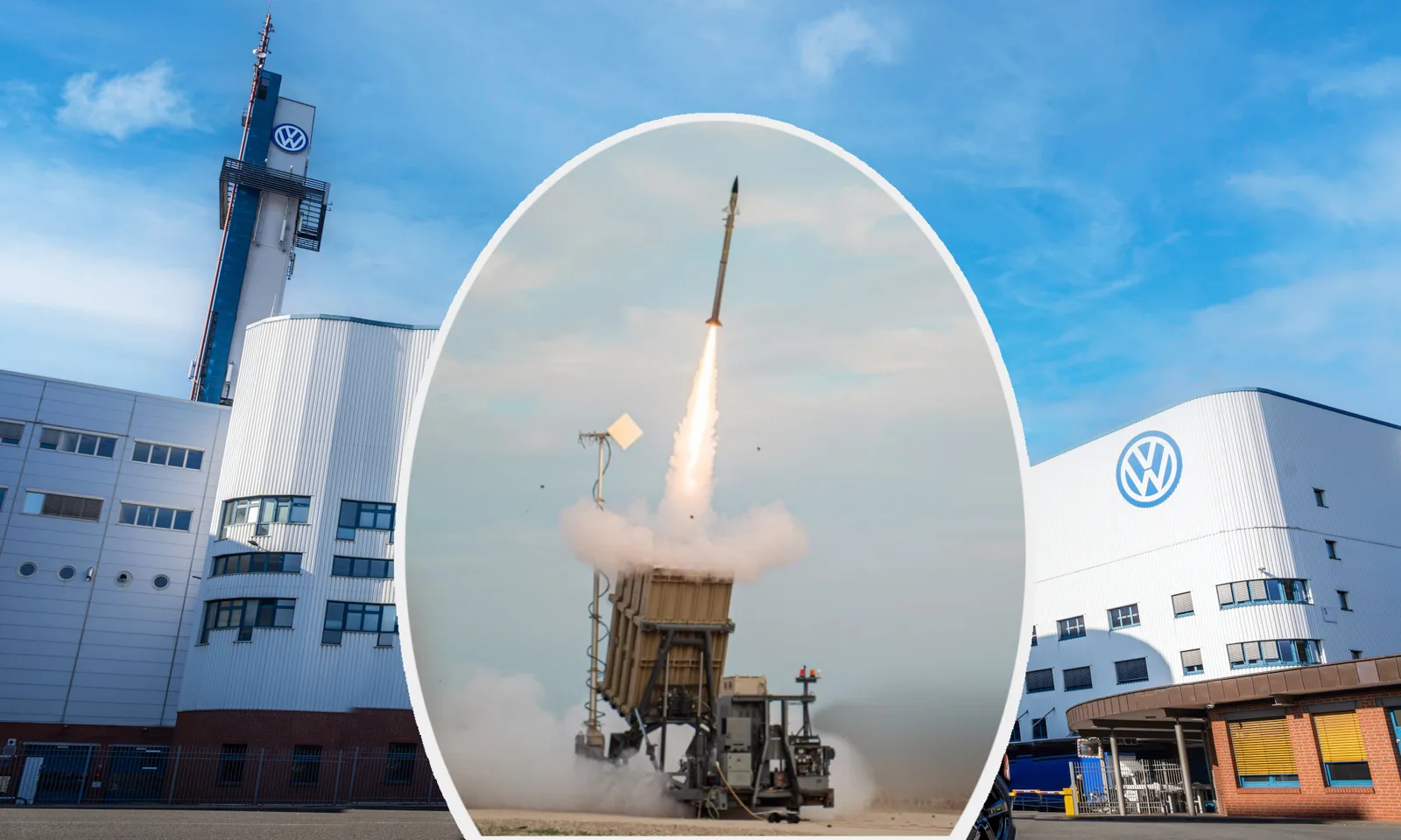 VW: Start einer Iron-Dome-Abfangrakete vor dem Hintergrund eines Volkswagen-Werksgebäudes mit Firmenlogo