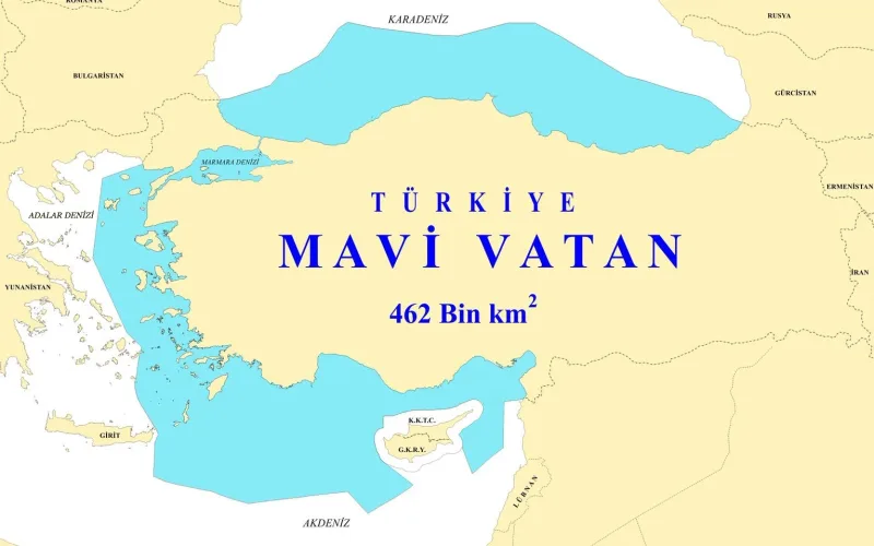 Schematische Karte des türkischen Konzepts Mavi Vatan mit beanspruchten Seegebieten im Schwarzen Meer, der Ägäis und dem Mittelmeer
