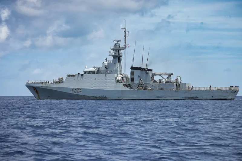 HMS Trent, pictured on a previous Caribbean patrol, is the first River-class OPV to carry the T-150B capability. The River class is now the fourth RN ship type to embark it. (Crown copyright)