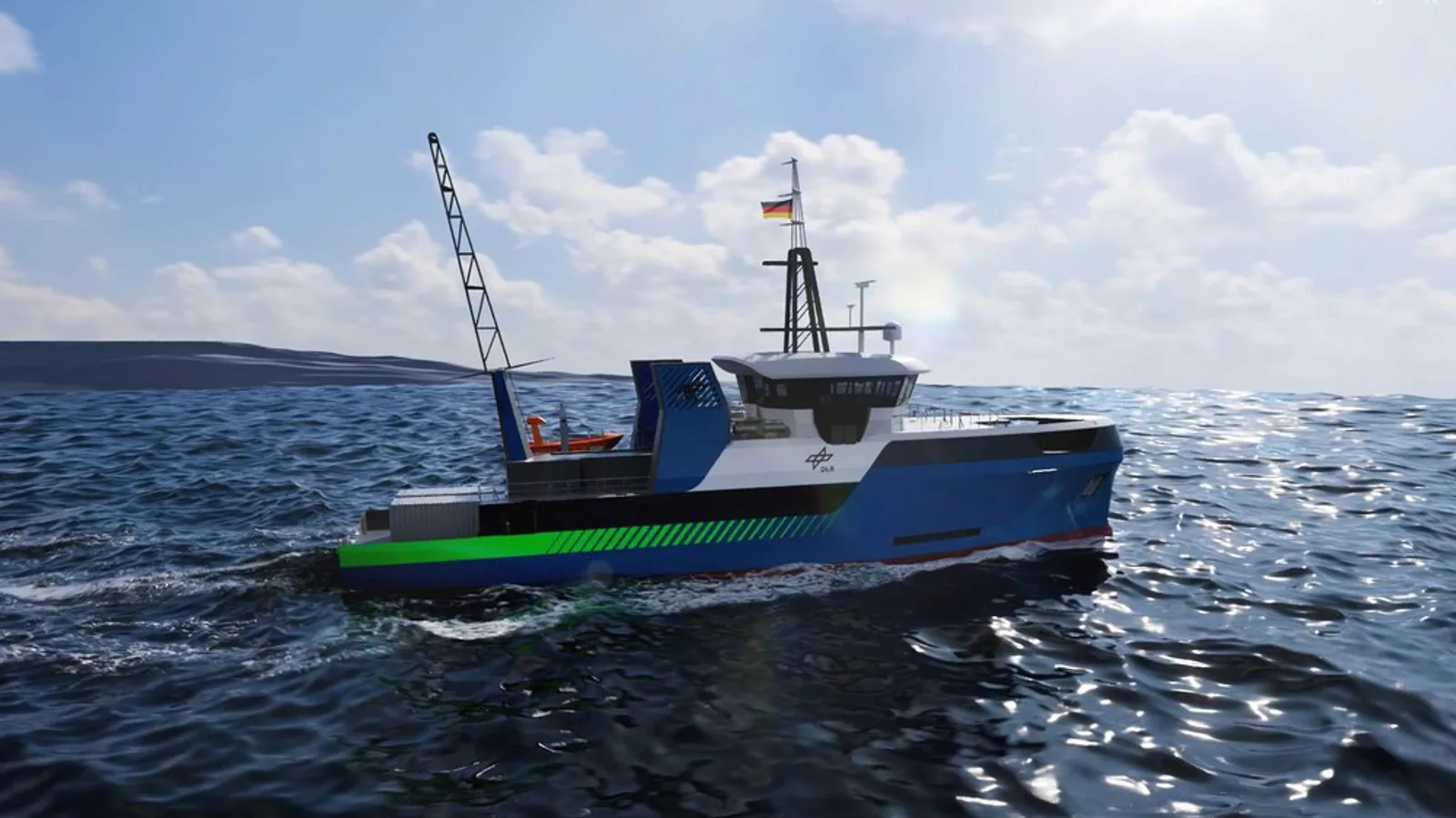 Computergestützte Darstellung eines blau-weiß-grünen DLR-Forschungsschiffs mit Heckkran und Containerstellplätzen auf offener See