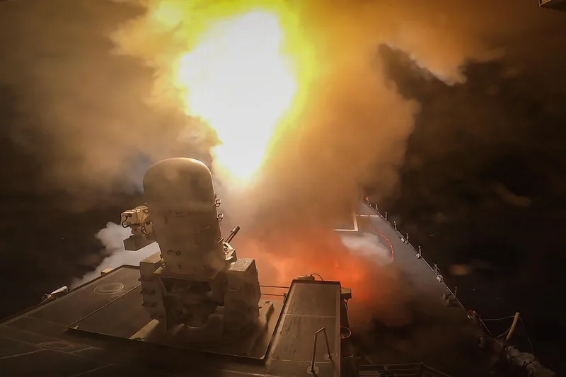 The US Navy’s USS Carney launches a surface-to-air missile to defeat a Houthi missile attack in late 2023.