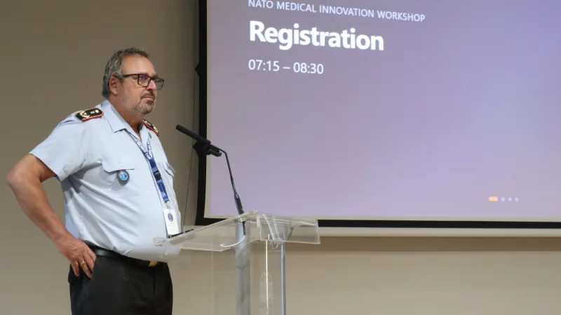 Surgeon General Jens Diehm, Director of the NATO Multinational Medical Coordination Centre / Centre of Excellence (MILMED COE), at the opening of the first NATO Medical Innovation Workshop.