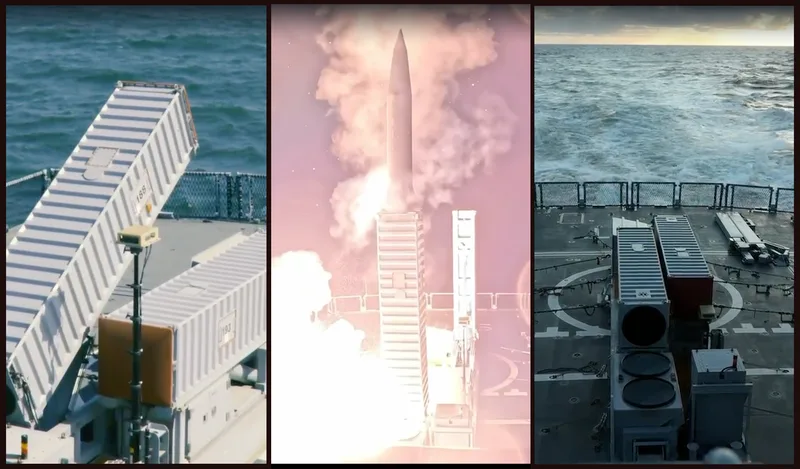 LORA-Artillerieraketensystem auf einem Schiff der Deutschen Marine im Nordatlantik: Startgeräte auf dem Deck und Raketenstart