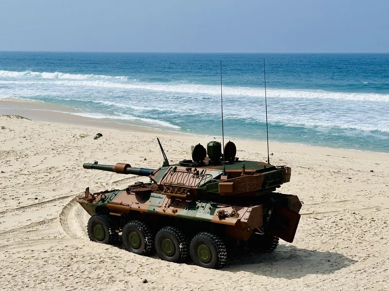 A Phase I Centauro undergoing testing on a beach in Brazil.