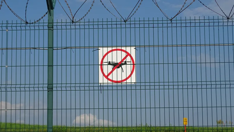 Grüner Sicherheitszaun mit Stacheldraht und einem Hinweisschild für ein Drohnen-Flugverbot an einem abgesperrten Gelände