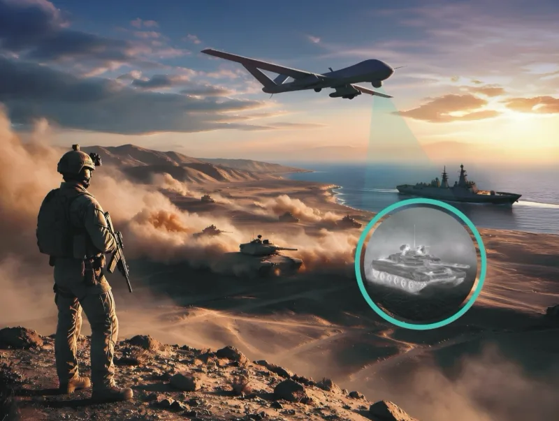 Soldat auf einer Anhöhe blickt auf eine Küstenlandschaft mit Kampfpanzern, Kriegsschiff, Drohne und einem Infrarot-Aufklärungsbild