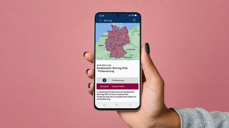 Smartphone mit der NINA-App zeigt eine Probewarnung zum bundesweiten Warntag auf einer Deutschlandkarte