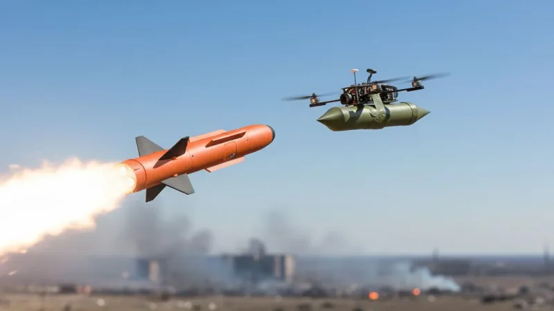 Orangefarbene Rakete im Flug neben einer Quadrokopter-Drohne mit grüner Last über einem Gelände mit Fahrzeugen und Rauchentwicklung