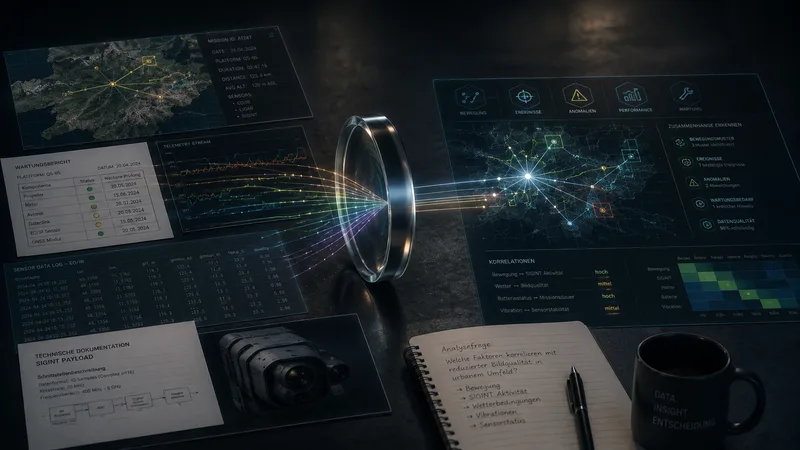 Digitale Benutzeroberfläche mit Datenströmen, optischer Linse, Notizbuch und Kaffeetasse zur Veranschaulichung militärischer Datenanalyse
