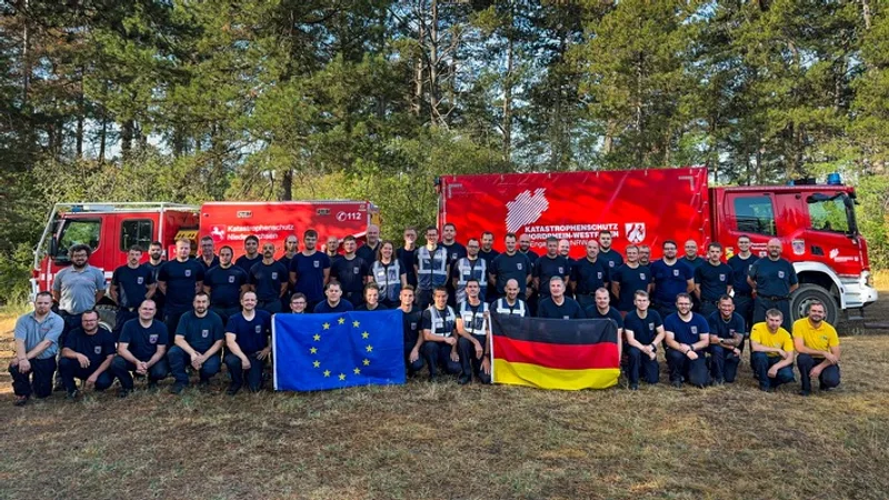 Einsatzkräfte des deutschen EU-Waldbrandmoduls posieren mit EU- und Deutschlandflagge vor zwei roten Katastrophenschutz-Einsatzfahrzeugen