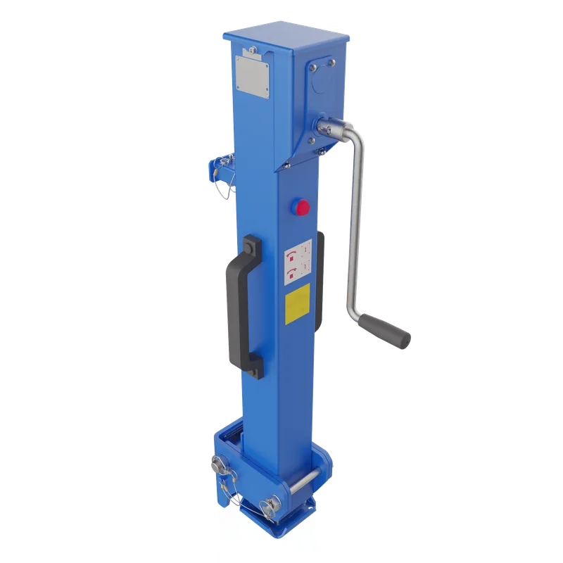 Blaue mechanische Nivellierstütze Typ 272B von haacon mit Handkurbel und Befestigungsbolzen als freigestellte Produktgrafik