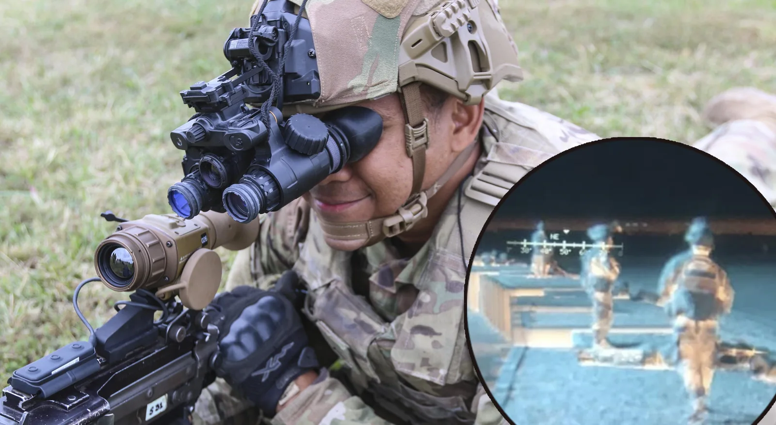 Soldat mit L3Harris ENVG-B Nachtsichtgerät und Zieloptik sowie digitale Wärmebildansicht von Personen im Gelände