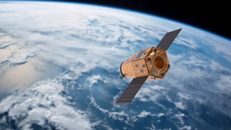 Computergenerierte Darstellung des Erdbeobachtungssatelliten EROS Nova von ImageSat International mit Solarpaneelen vor der Erde