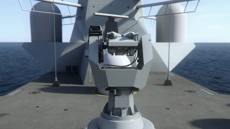 Computergenerierte Darstellung des MBDA SIMBAD-RC Luftverteidigungssystems mit zwei Mistral-Lenkflugkörpern auf einem Kriegsschiff