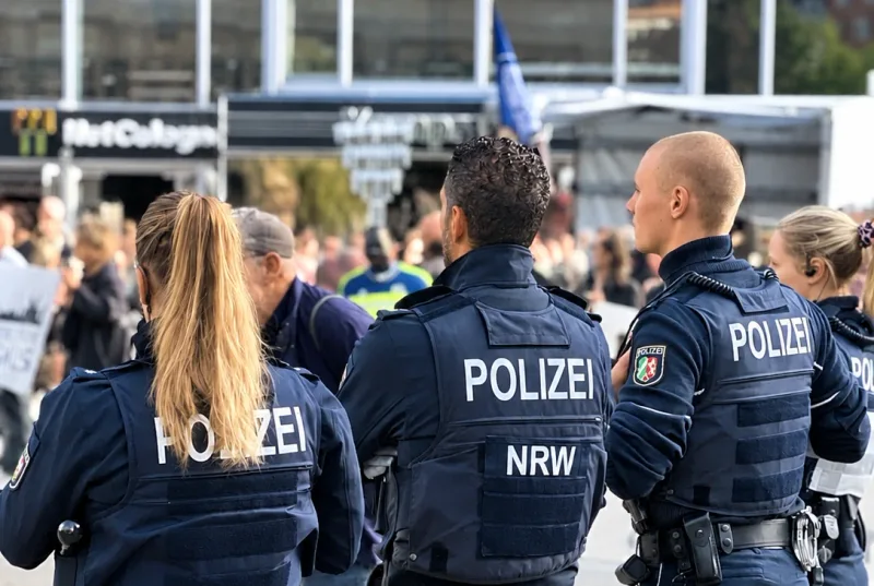 Gewalt: Polizeibeamte der Polizei Nordrhein-Westfalen in blauen Uniformen mit Schutzwesten und Dienstwaffen bei einem Einsatz im Stadtgebiet