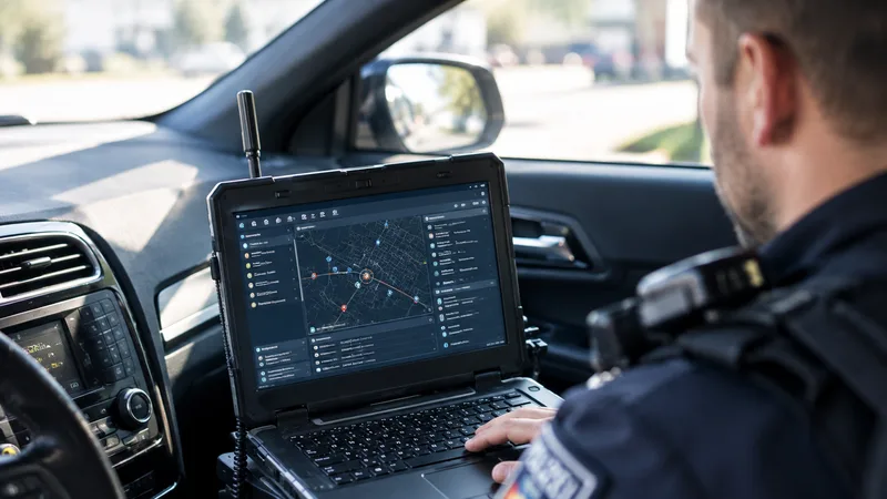 Saarland: Polizeibeamter bedient im Einsatzfahrzeug einen robusten Laptop