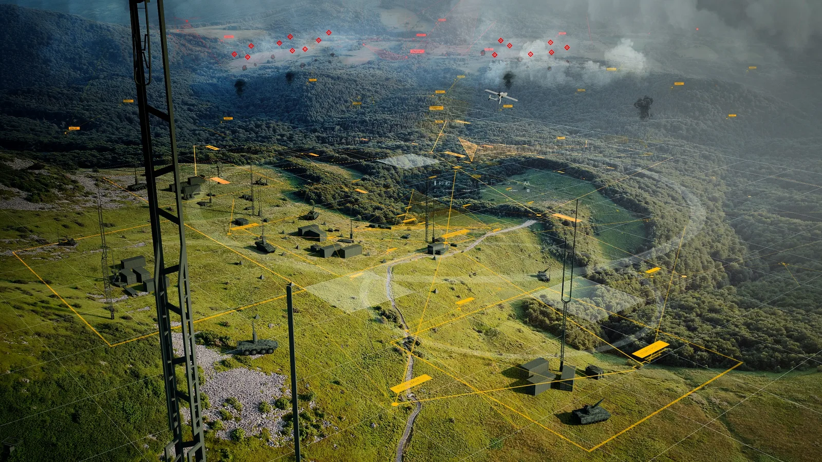 Rheinmetall-Konzeptgrafik der Battlesuite zur vernetzten Operationsführung mit Militärfahrzeugen, Drohnen und Antennenanlagen auf dem Gefechtsfeld