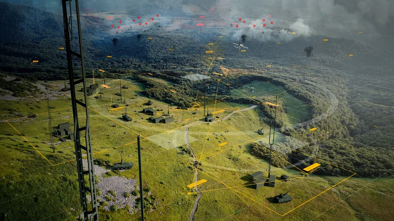 Rheinmetall-Konzeptgrafik zur vernetzten Operationsführung mit Militärfahrzeugen, Drohnen und Antennenanlagen auf dem Gefechtsfeld