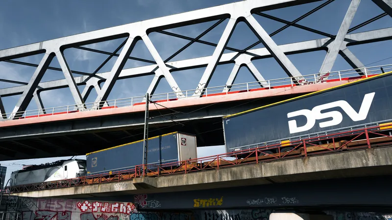 BDSW: Güterzug von TX Logistik mit Sattelaufliegern von DSV und TIP auf einer Betonbrücke unter einer stählernen Fachwerkbrücke