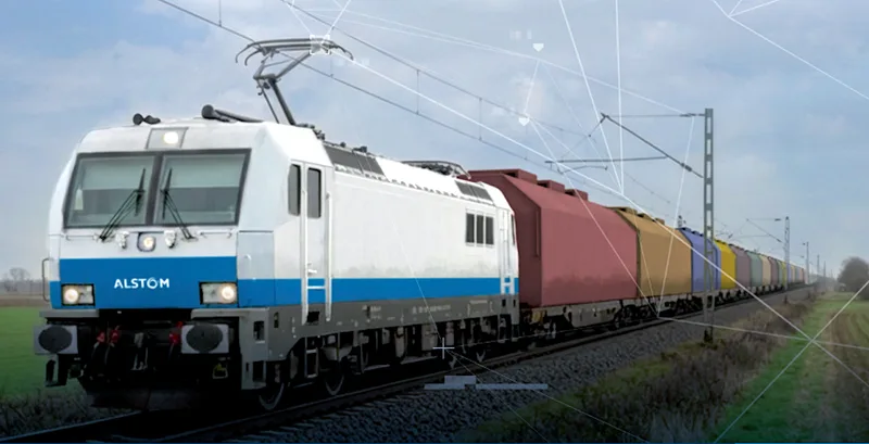 Konzeptgrafik eines medizinischen Evakuierungszuges von Alstom und Rheinmetall auf einer Bahnstrecke