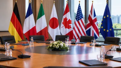 Klöckner: Runder Konferenztisch mit Mikrofonen vor den Flaggen der G7-Staaten und der Europäischen Union