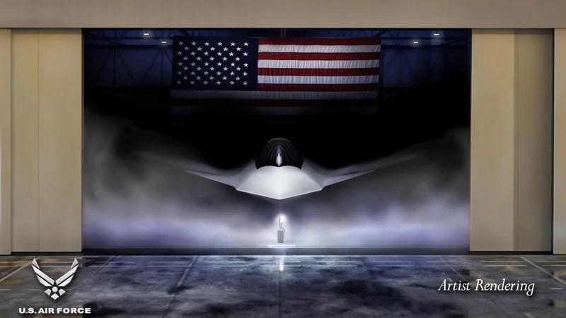 Konzeptzeichnung eines Tarnkappen-Kampfflugzeugs der US Air Force in einem nebligen Hangar vor einer US-Flagge