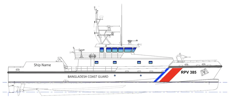 Technische Zeichnung des Patrouillenbootes RPV 385 der Bangladesh Coast Guard in der Seitenansicht mit Bewaffnung und Aufbau