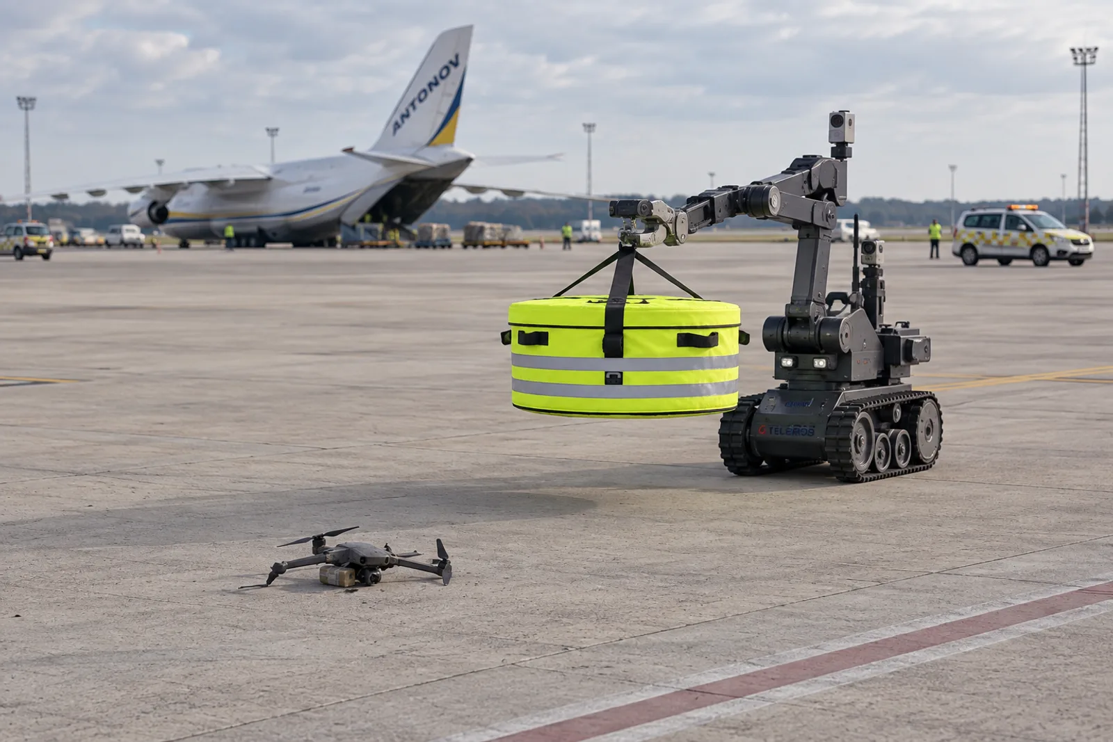 Entschärfungsroboter mit dem neongelbem Sicherheitsbehälter DSR von GARANT nähert sich einer Drohne auf einem Rollfeld vor einer Antonov-Maschine