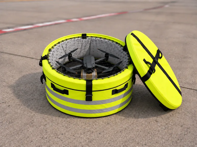 Quadrokopter-Drohne unter einem Schutznetz in einem geöffneten, neongelben Transportbehälter auf einer Betonfläche