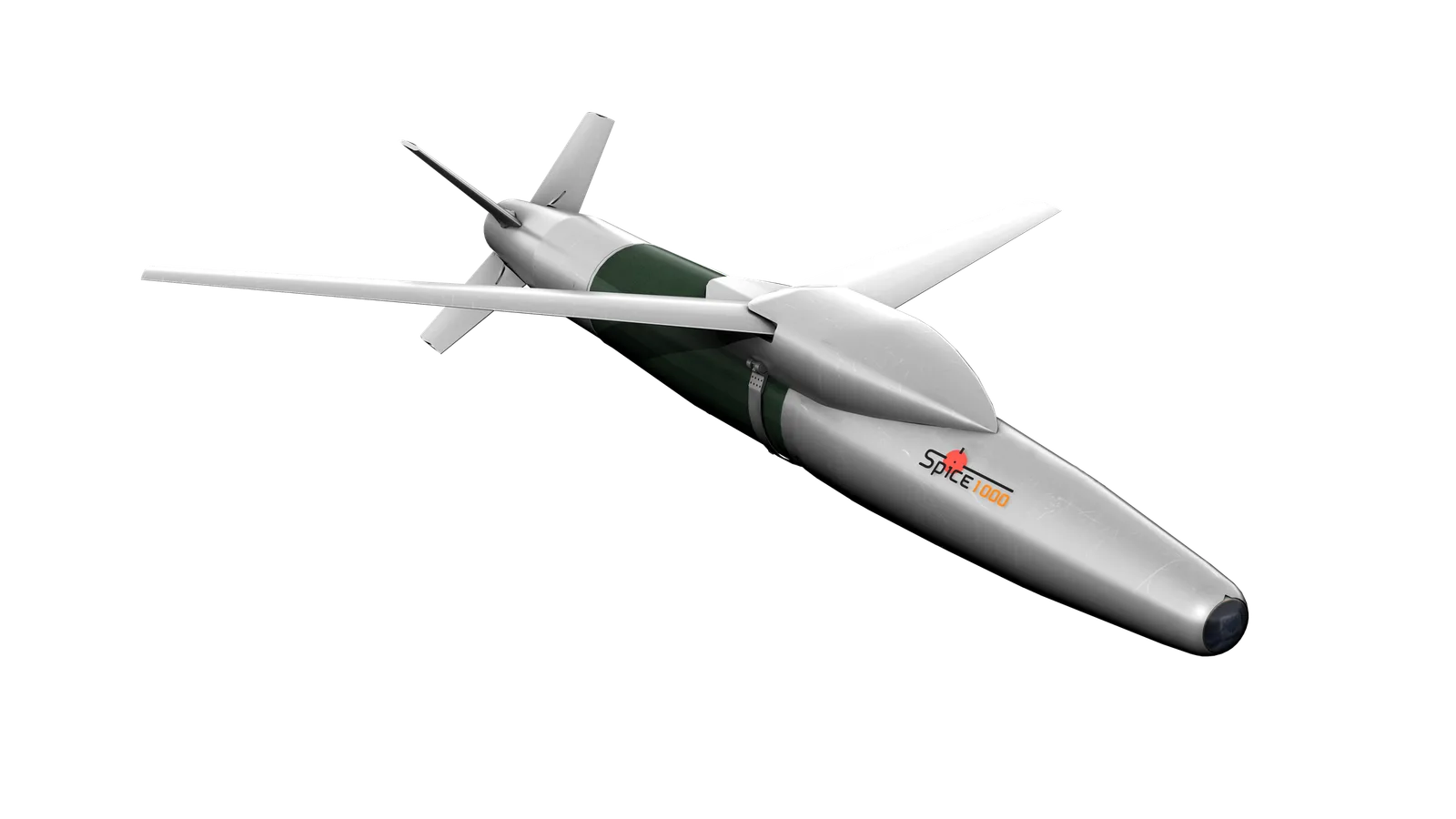 Präzisionsgelenkte Gleitbombe Spice 1000 von Rafael Advanced Defense Systems mit ausgeklappten Flügeln vor schwarzem Hintergrund