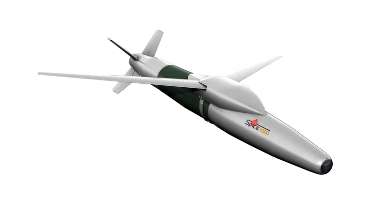 Präzisionsgelenkte Gleitbombe Spice 1000 von Rafael Advanced Defense Systems mit ausgeklappten Flügeln vor schwarzem Hintergrund