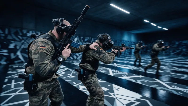 Bundeswehr-Soldaten in Flecktarn-Uniform mit VR-Brillen und Übungswaffen bei einem taktischen Training in einer Simulationsumgebung