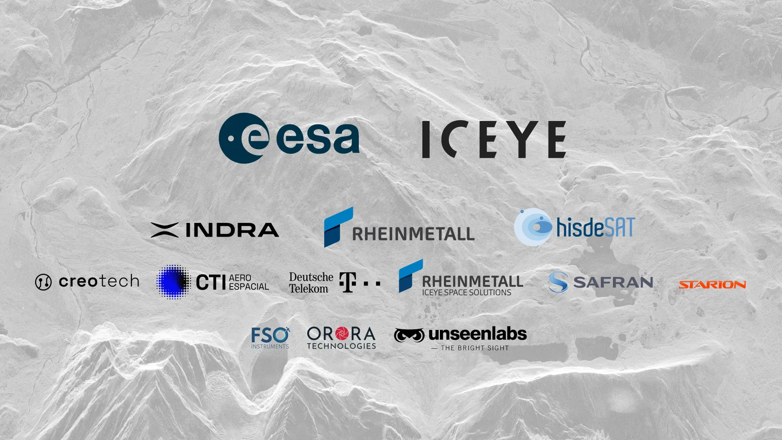 Logos von ESA, ICEYE und Rheinmetall vor einer topografischen Satellitenaufnahme als Hintergrund für Europas staatlichen Erdbeobachtungsdienst