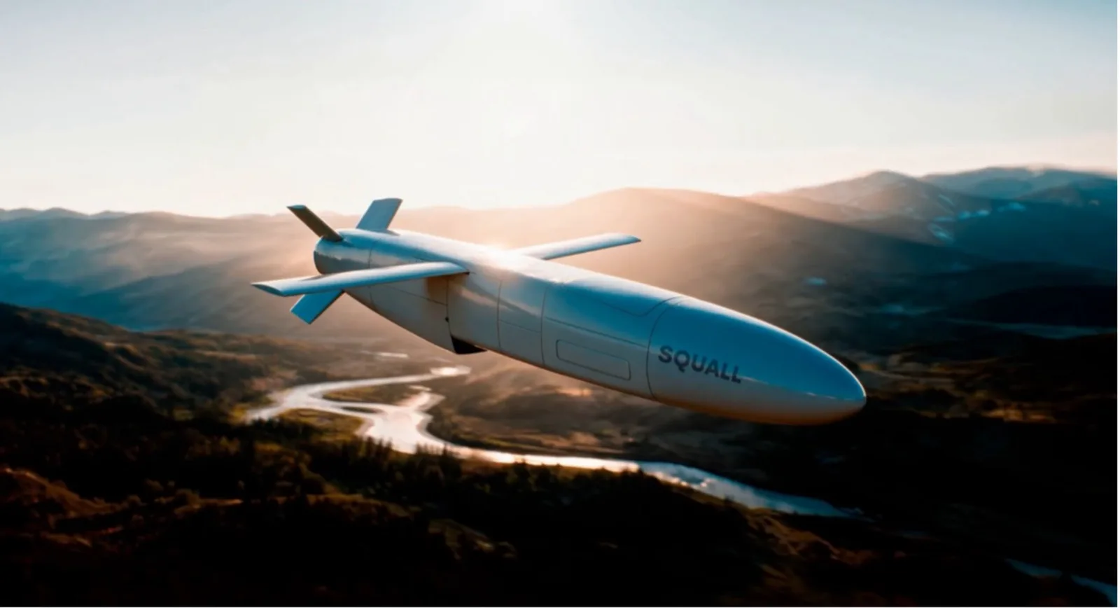 Computergenerierte Visualisierung des Marschflugkörpers Squall von Indra im Flug über einer bergigen Landschaft mit Flusslauf
