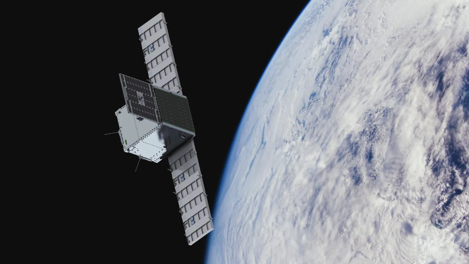 Computergenerierte Darstellung eines Satelliten mit entfalteten Solarmodulen in der Erdumlaufbahn von EYCORE