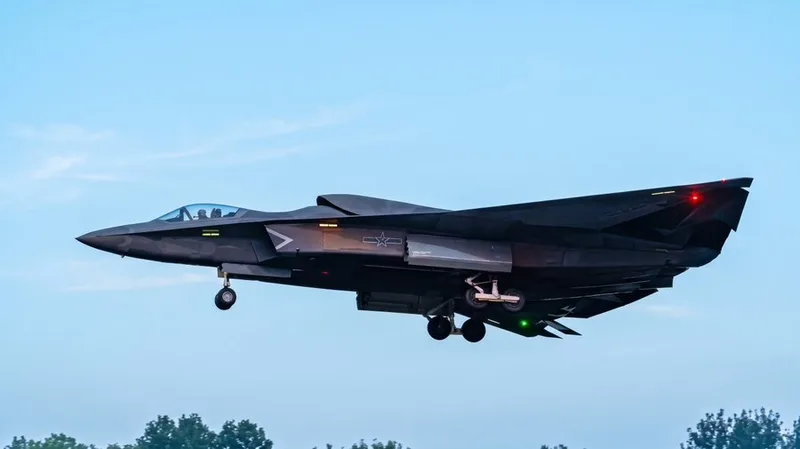 Side view of a J-36 during landing. From this angle the intake for the third engine is visible on the top of the aircraft.